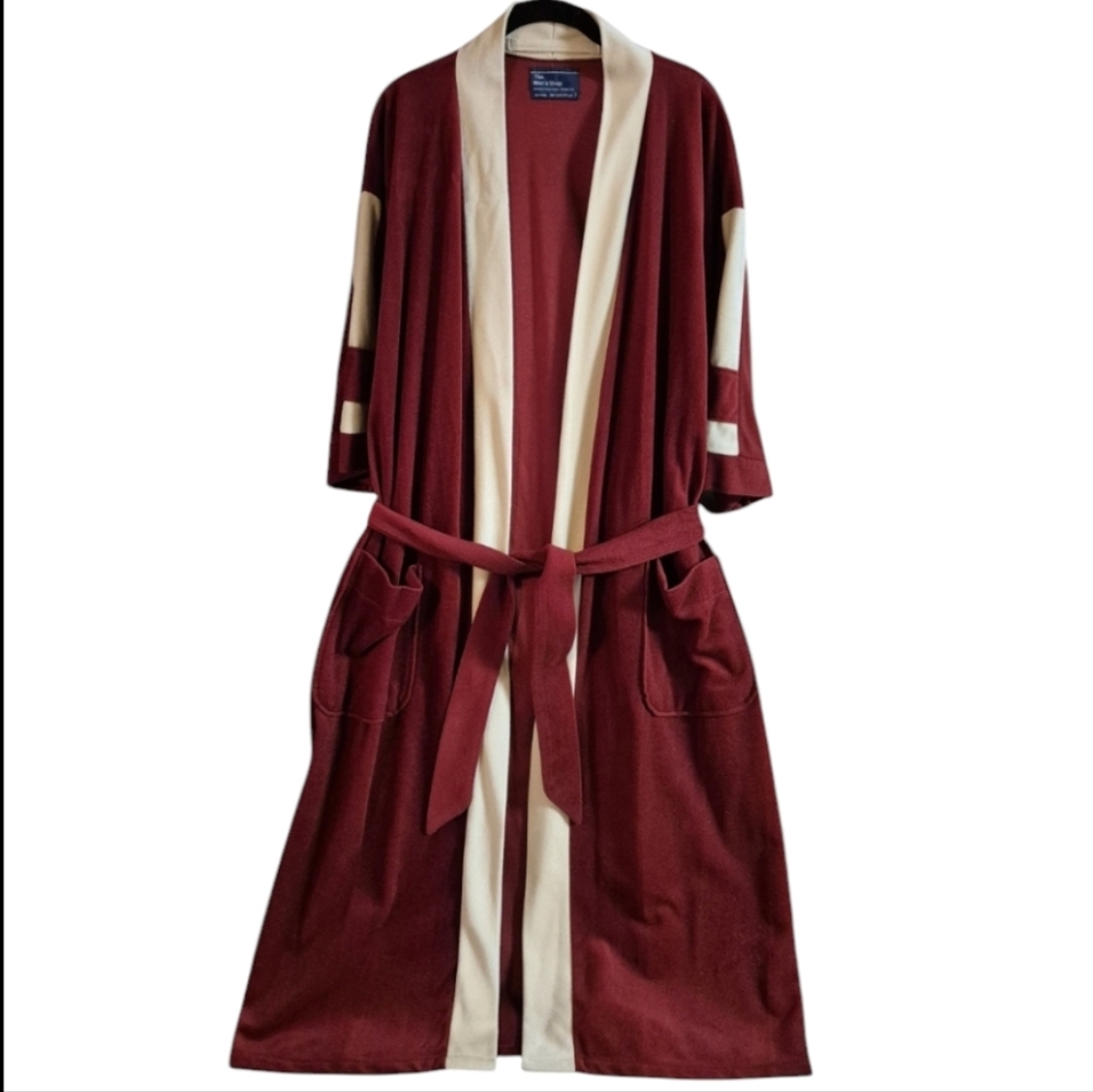 Vintage The Men's Shop 70's/80's JCPenny OS Soft Velvet Burgundy Red/Tan Robe